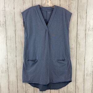 Garnet Hill Blue Cotton Silk-Back Cap-Sleeve Tunic Top Blouse Pockets Size XS